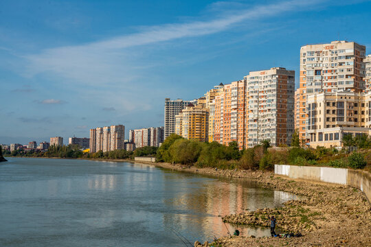 Several new residential buildings  close to   Turgenevsky bridge in Krasnodar  on the bank of Kuban river