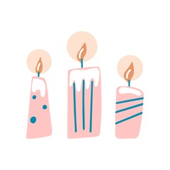 Hand drawn holiday clipart with pink candle isolated on white background. Vector flat illustration. Design for greeting card, banner, web, sticker, posters, gift tags and labels