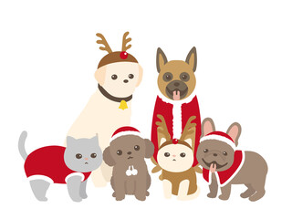 ペット達　クリスマスコスチュームを着た犬と猫　背景白