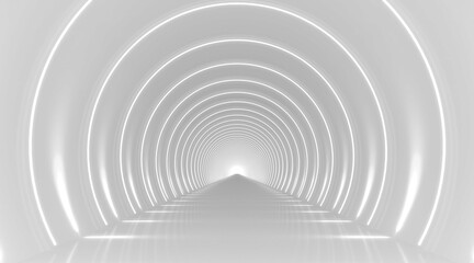 Fototapeta premium White round tunnel podium abstract background. Light reflection stage. 3d render.