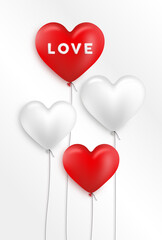 Fototapeta na wymiar White and red balloons in the shape of a heart on a white background Love message