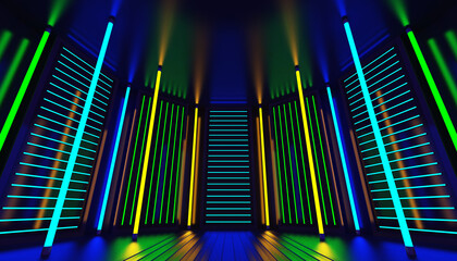 Neon glow party room abstract background. Night club interior. Glowing wall panels. 3d render.