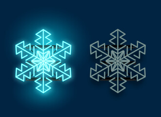 A neon glowing blue snowflake light with on and off version of the lamp. Christmas vector illustration.