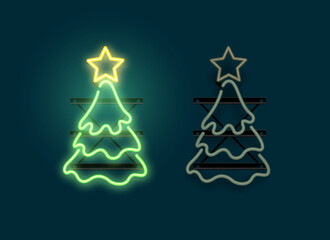 Naklejka na ściany i meble Glowing neon christmas tree sign lgiht with on and off versions. Vector illustration