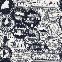 Augusta Maine Set of Stamps. Travel Stamp. Made In Product. Design Seals Old Style Insignia.