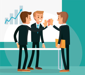 Team building, coworkers, teamwork, start up concept. Office workers giving high five clapping each other hands. Office joint work fraternity.Office brotherhood cohesion unity. Group of office workers