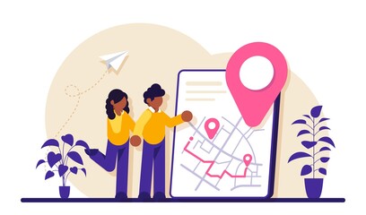 Get directions concept. Banner with the received direction. Concept of getting a route to reach your destination. Modern flat illustration.