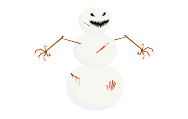 Creepy snowman with bloody hands and bloody splashes on his body. Isolated on white.