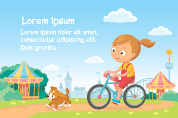 Vector girl woman rides a bicycle bike in natural summer landscape on pathway track through amusement park, puppy dog running ahead.Escape from the city.Bike ride. Carousel and castle on background.