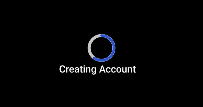 Creating Account progress bar computer screen animation loop isolated on black background with blue progress upload screen indicator in 4K. Computer loading screen account creation