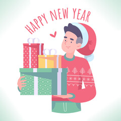 Merry Christmas or Happy New Year concept. Young man in ugly sweater holding Christmas gifts, vector illustration
