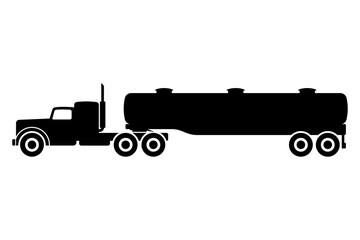 Old classic fuel truck icon. Black silhouette. Side view. Vector flat graphic illustration. The isolated object on a white background. Isolate.