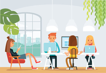 Co working space office interior with creative working people in public place workplace loft. Start up business. Young freelancers people working together. Joint education.