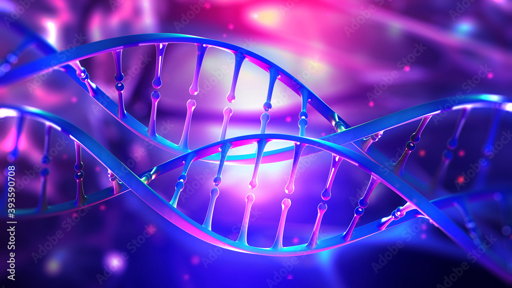 Poster dna helix. scientific research. genome decoding and medical innovation. 3d illustration of a dna mol