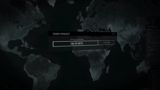 Interface loading after an authentication protocol, protocol codename entered, scan through the map is performed to identify the location of the first virus case in the world. Computer user interface.