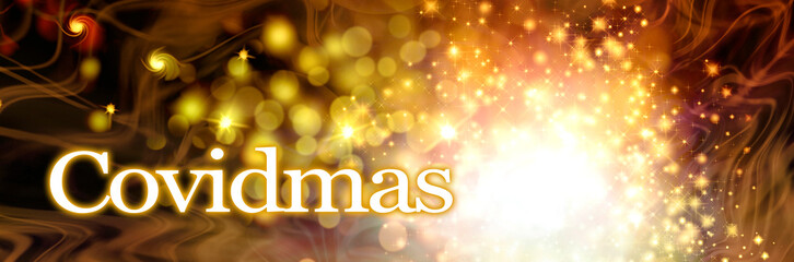 Golden COVIDMAS Sparkle Christmas Celebration header - big ball of sparkles on a dark background with bokeh effect and the word Covidmas on left side and copy space above
