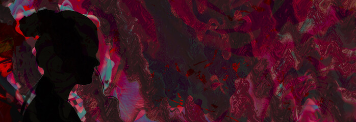 Silhouette of a woman's head, silhouette of a naked women. Lesbian love. Red rose isolated on an abstract background. Floral background. Flowers closeup. Wedding and valentine.