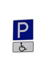 Parking road sign for disabled people isolated on white background close-up.