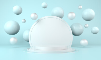 Podium, pedestal or platform, background for the presentation of cosmetic products. 3d podium. Place for ads.3D rendering podium geometry with  elements. Product presentation blank podium.