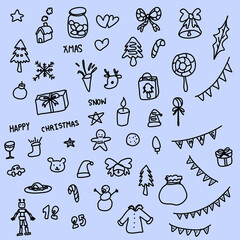 Christmas decoration icon vector linear illustration set. With heart, tree, candy, gift box, text, star, food.