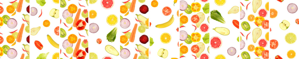 Panoramic skinali from vegetables and fruits separated by vertical lines isolated on white