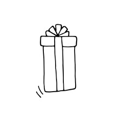 Gift box with a bow. Vector hand-drawn doodle illustration. Black and white outline.