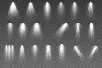 Bright white lighting with spotlights, projector light effects. Glowing light effect with golden rays and beams. Scene lighting large collection. 