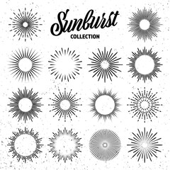 Vintage grunge sunburst collection. Bursting sun rays. Fireworks. Logotype or lettering design element. Radial sunset beams. Vector illustration.