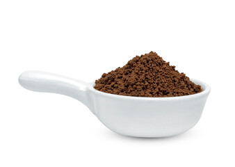 Instant coffee powder with ceramic spoon isolated on white background ,include clipping path