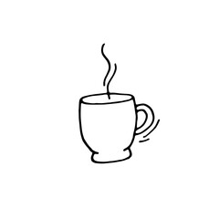A mug with hot coffee, tea. Vector doodle illustration, hand drawn. Black and white outline