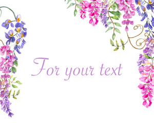 Watercolor illustration. Floral horizontal frame. Template for text with wisteria colors