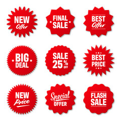 Realistic red price tags collection. Special offer or shopping discount label. Retail paper sticker. Promotional sale badge. Vector illustration.