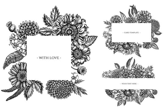 Floral frames with black and white poppy flower, gerbera, sunflower, milkweed, dahlia, veronica