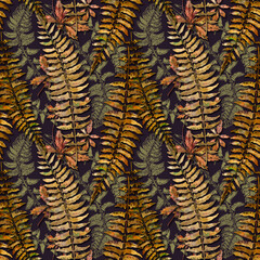 Seamless pattern with watercolor hand drawn fern leaves on dark background. A win-win combination of black and gold.