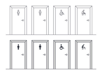 Male female disabled restroom, parenting room. Vector illustration of toilet doors with icons of disabled man woman, mother and child. Editable stroke