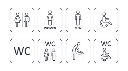 Square icons male female disabled restroom, parenting room. Illustration of toilet men women disabled, mother and child. Editable stroke - obrazy, fototapety, plakaty