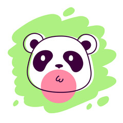 Vector illustration of cute head of panda with spot and bubble gum