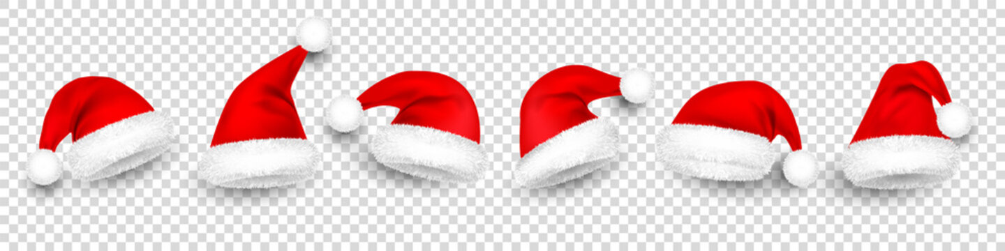 Christmas Santa Claus hats with fur. New Year red hat isolated on transparent background. Winter cap. Vector illustration.