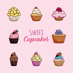 sweet cupcake icon set, colorful design