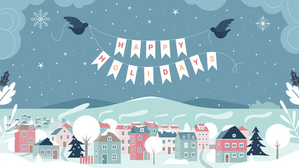Happy winter holiday greeting card vector illustration. Cartoon urban xmas cityscape scene with houses and decorated Christmas tree under snow, snowy Christmas eve landscape postcard background