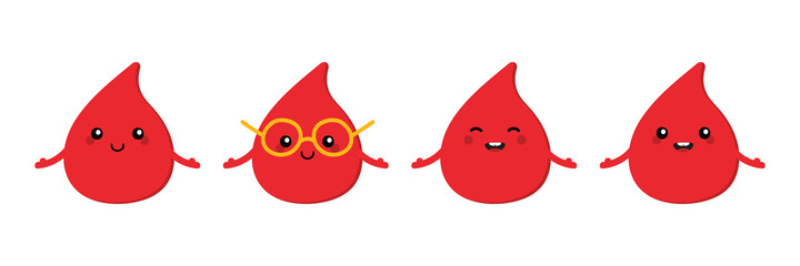 Set, collection of cute cartoon style red blood drops characters with different facial expressions, emotions.