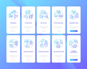 Pet services onboarding mobile app page screen with concepts set. Grooming animal. Adoption walkthrough 10 steps graphic instructions. UI vector template with RGB color illustrations