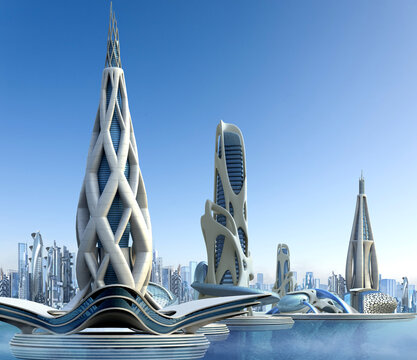 Futuristic building architecture and city skyline
