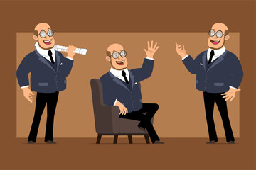 Cartoon flat funny bald professor man character in dark suit and glasses. Boy holding newspaper and showing Hello gesture. Ready for animation. Isolated on brown background. Vector set.