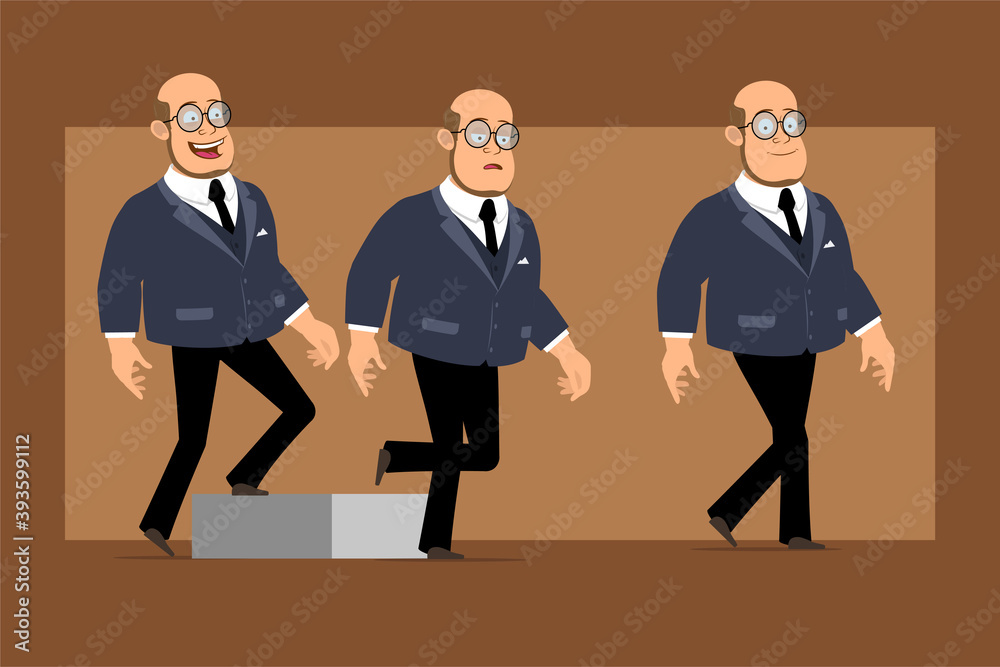 Wall mural cartoon flat funny bald professor man character in dark suit and glasses. successful tired boy walki