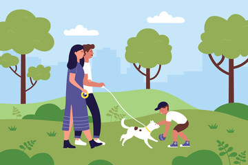 Fototapeta premium Family people walk with pet dog in summer city park scenery vector illustration. Cartoon owners mother father and son characters walking with own pet animal, boy kid playing with doggy background