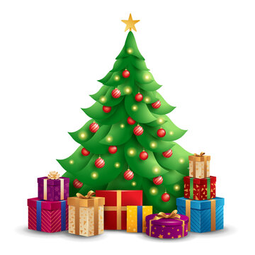 Christmas tree with gifts isolated on white background.