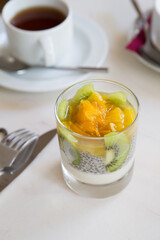 Glass of chia breakfast with fruits