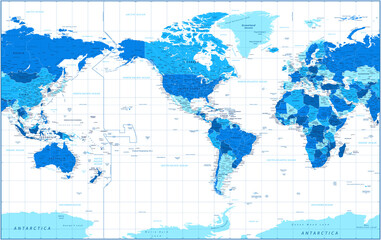 World Map - Political - American View - America in Center - Blue and White Color - Vector Detailed Illustration