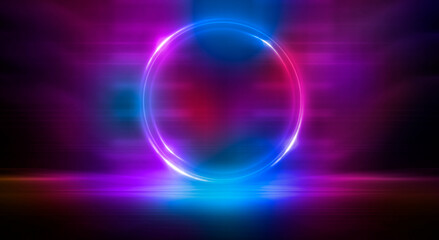 Dark abstract background. Neon light circle figure. Reflection of neon light on the water. 